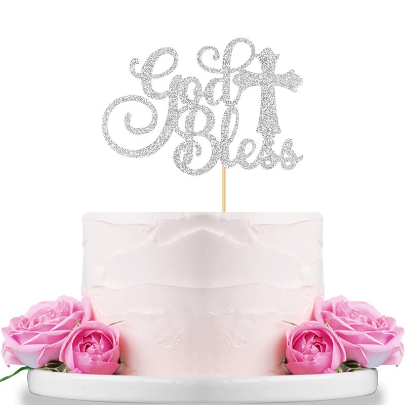 WeBenison God Bless Cake Topper Silver Glitter First Communion Baby Shower Party Decorations Bless This Child - Image 1